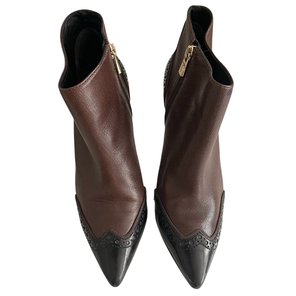 Tory Burch Noelle‎ Brown Black Leather Ankle Boots Brogue Detail Sz 10.5 FLAWED